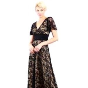 Black Lace Formal Evening Gown with Short Sleeves